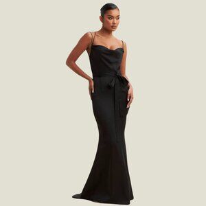 Black Satin Cowl Neck Mermaid Maxi Dress Wedding Guest Prom (Large)